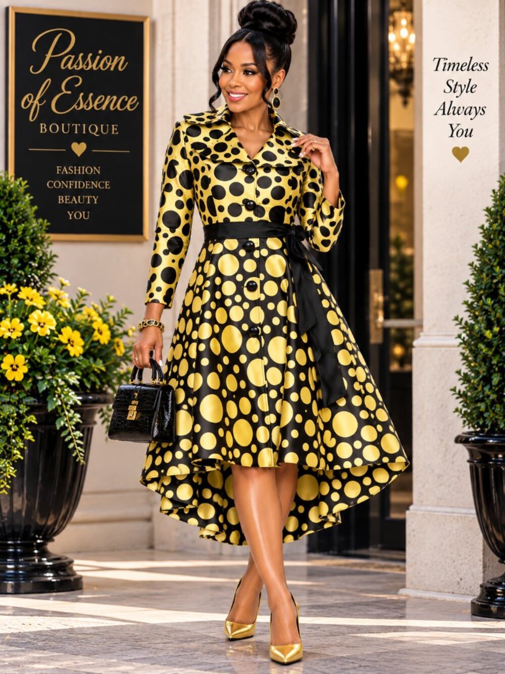 Dresses by Nubiano Gold Black Polka Dot Hi-Low Church Dress Size 12